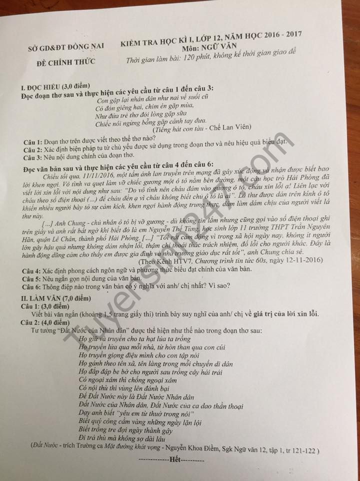 De thi hoc ki 1 lop 12 mon Van -  So GD tinh Dong Nai 2016 - 2017
