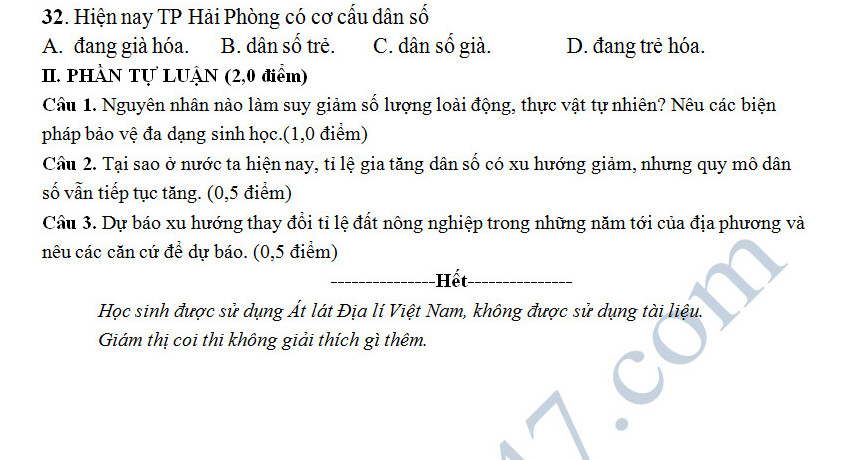 De thi hoc ki 1 mon Dia 12 - THPT Le Quy Don nam 2016-2017 co dap an