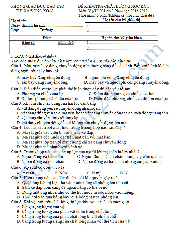 De thi hoc ki 1 mon Vat li 8 - Phong GD&DT Dong Xoai nam 2016-2017