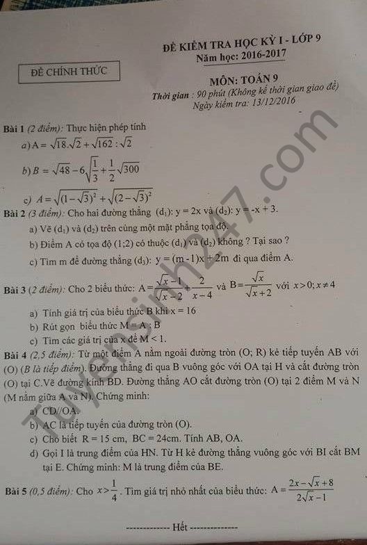 De thi hoc ki 1 mon Toan 9 - huyen Quoc Oai nam 2016-2017