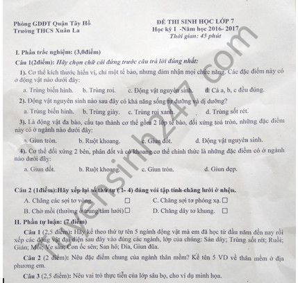 De thi hoc ki 1 mon Sinh 7 - THCS Xuan La nam 2016-2017