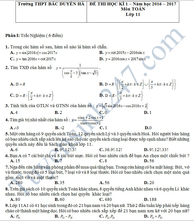 De thi hoc ki 1 mon Toan 11 - THPT Bac Duyen Ha nam 2016-2017