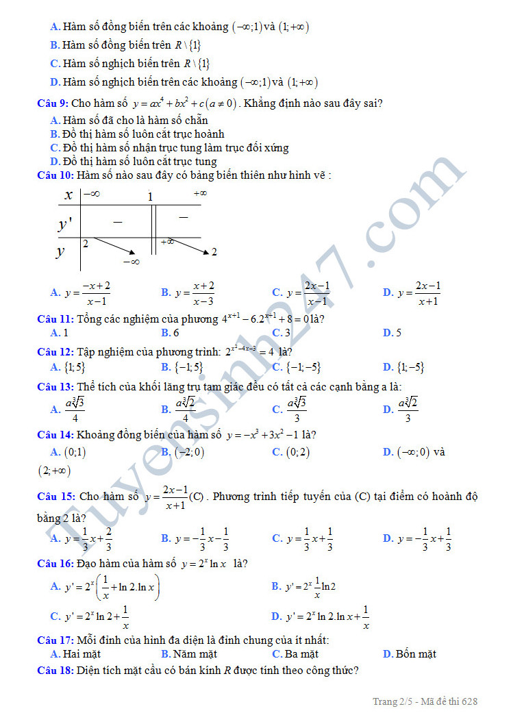 De thi cuoi hoc ki 1 mon Toan 12 - THPT Yen Lac 2 nam 2016-2017