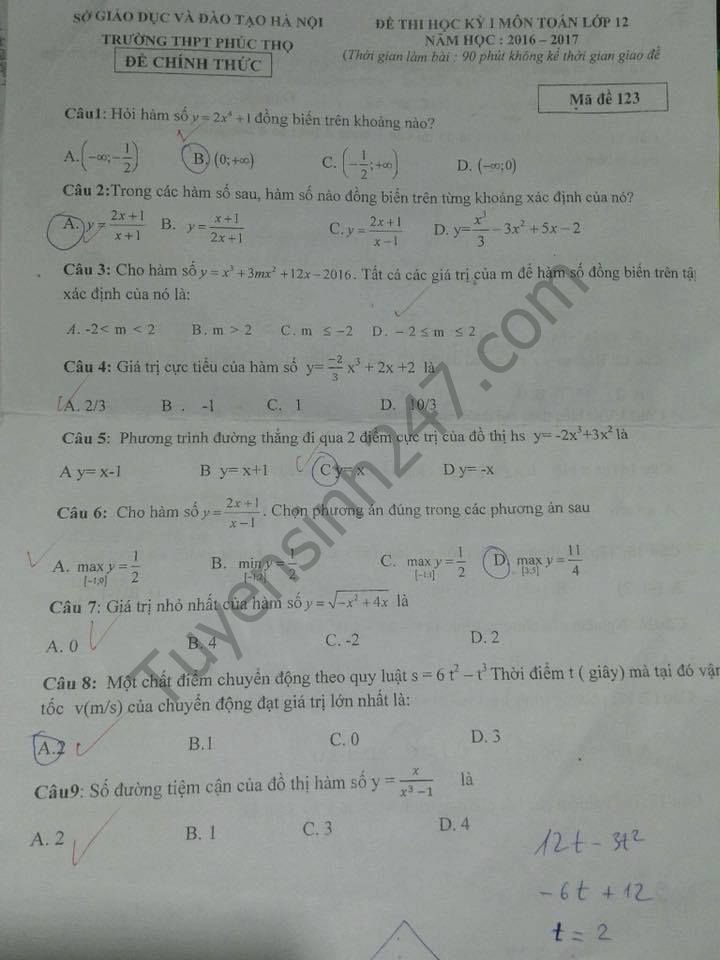 De thi hoc ki 1 lop 12 mon Toan - THPT Phuc Tho 2016 -2017