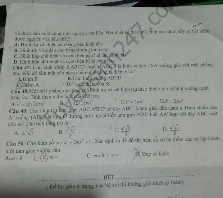 De thi hoc ki 1 lop 12 mon Toan - THPT Phuc Tho 2016 -2017