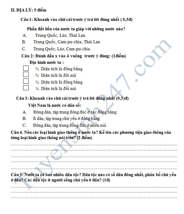 De thi hoc ki 1 mon Su&Dia - Tieu hoc Ngo Quyen nam 2016-2017 co dap an