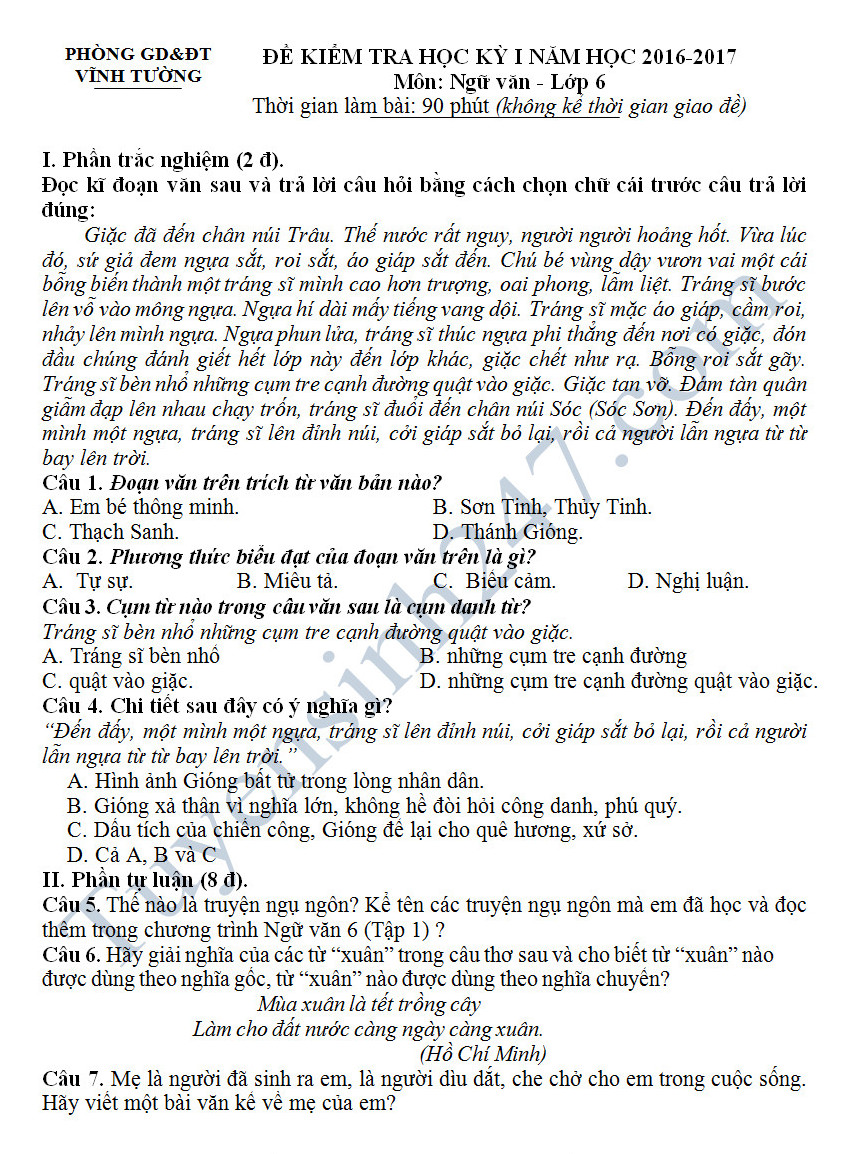 De thi hoc ki 1 mon Van 6 - Phong GD&DT Vinh Tuong nam 2016-2017