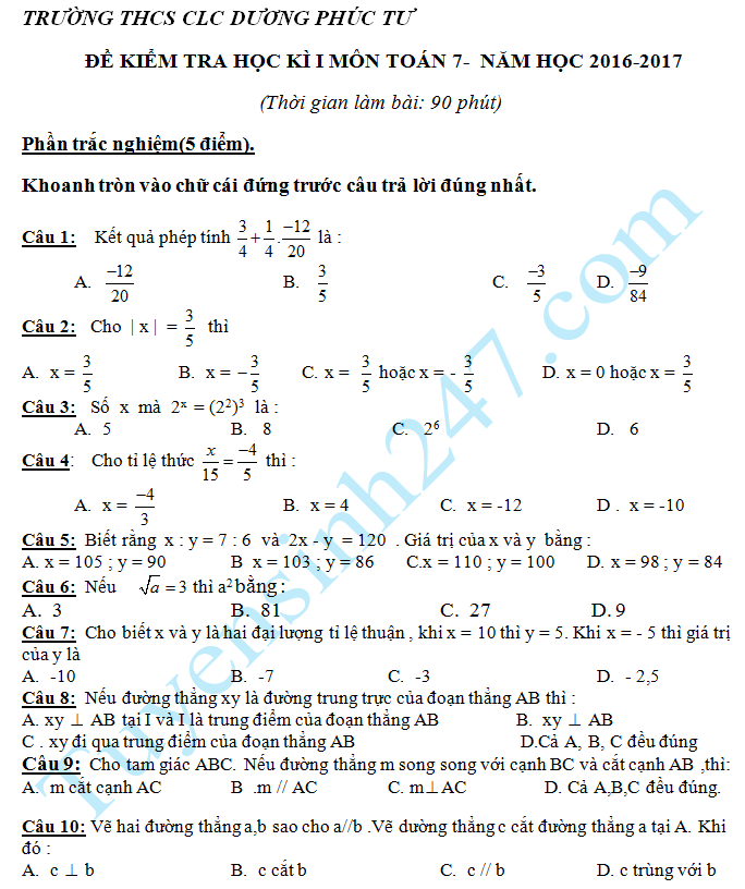 De thi hoc ki 1 lop 7 mon Toan - THCS Duong Phúc Tu 2016 - 2017