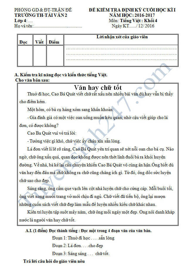 De thi hoc ki 1 mon Tieng Viet lop 4 - TH Tai Van 2 nam 2016-2017