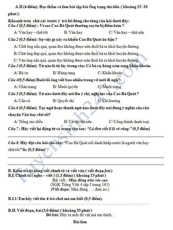 De thi hoc ki 1 mon Tieng Viet lop 4 - TH Tai Van 2 nam 2016-2017