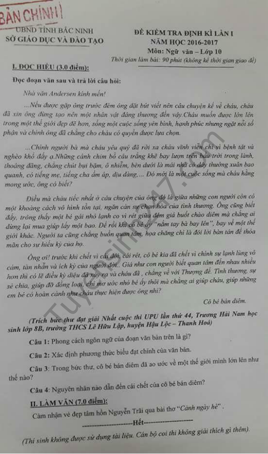 De thi hoc ki 1 mon Van 10 - So GD&DT Bac Ninh nam 2016-2017