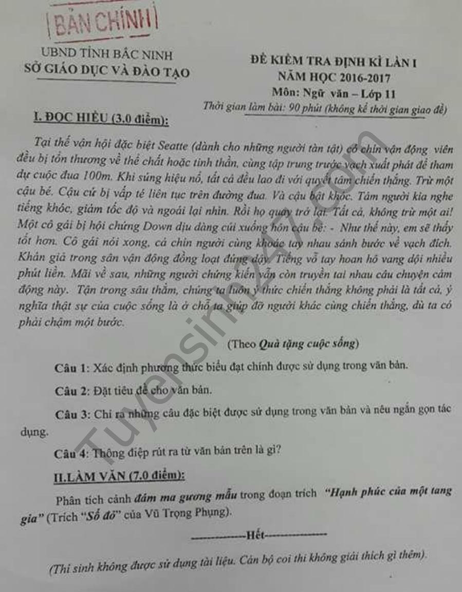 De thi hoc ki 1 lóp 11 mon Van - So GD&DT Bac Ninh nam 2016-2017