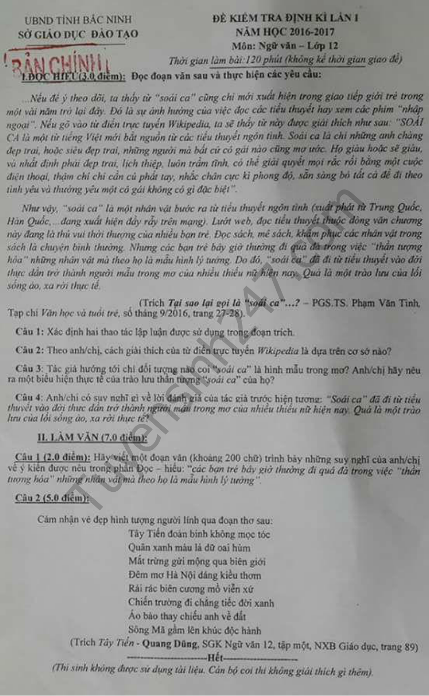 De thi hoc ki 1 mon Van 12 - So GD&DT Bac Ninh nam 2016-2017