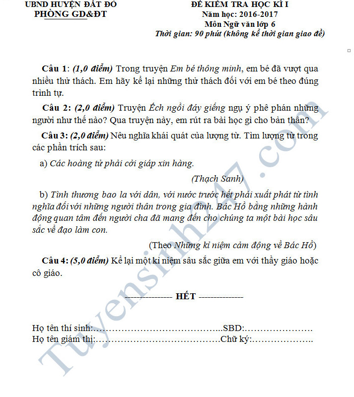 De thi hoc ki 1 mon Van 6 - Phong GD&DT Dat Do nam 2016-2017 co dap an