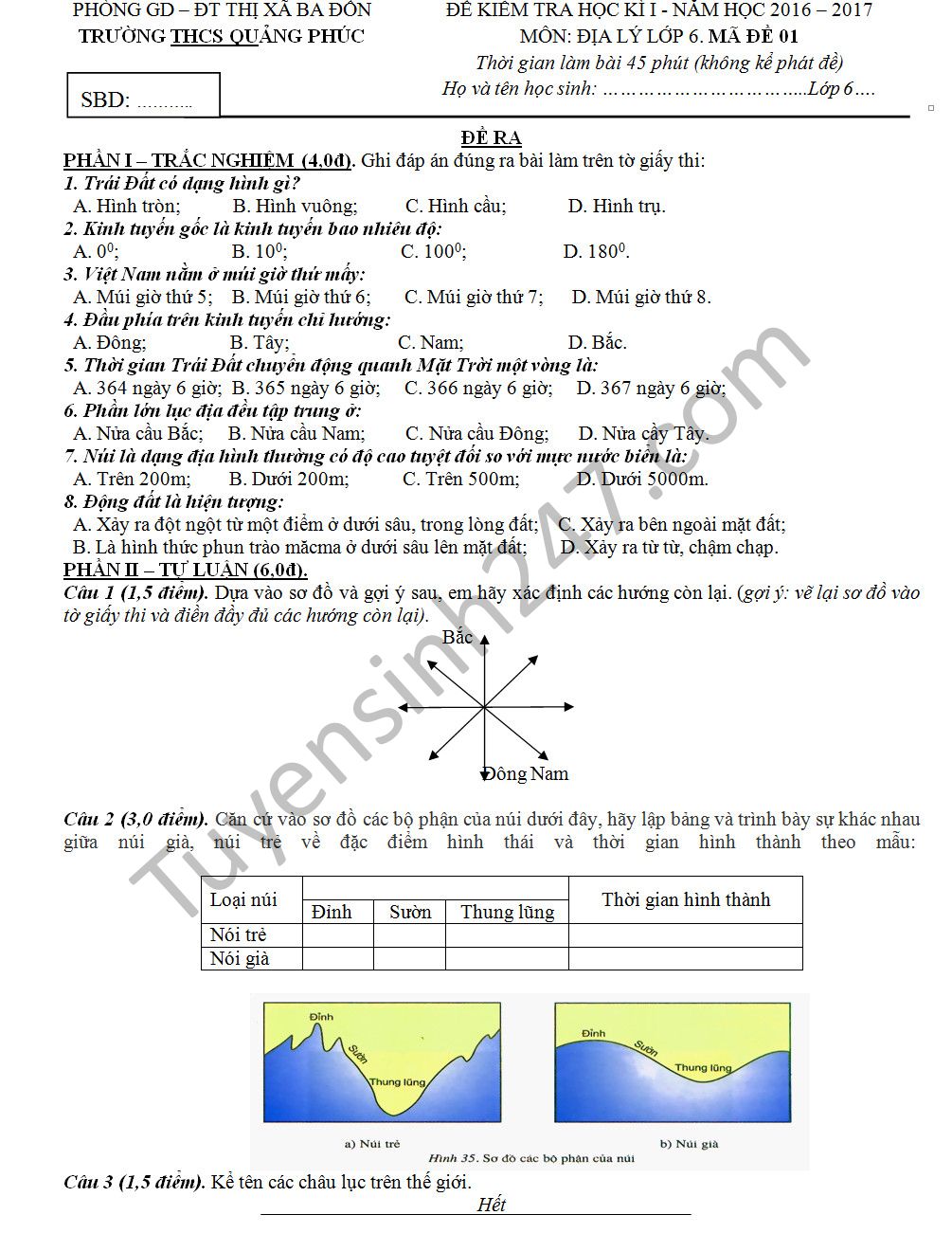 De thi hoc ki 1 mon Dia 6 - THCS Quang Phuc nam 2016-2017
