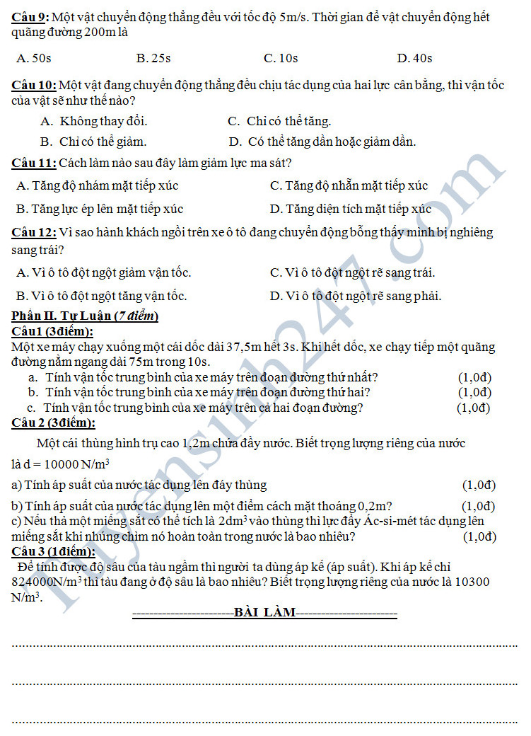 De thi hoc ki 1 mon Ly 8 - THCS Phung Hung nam 2016-2017