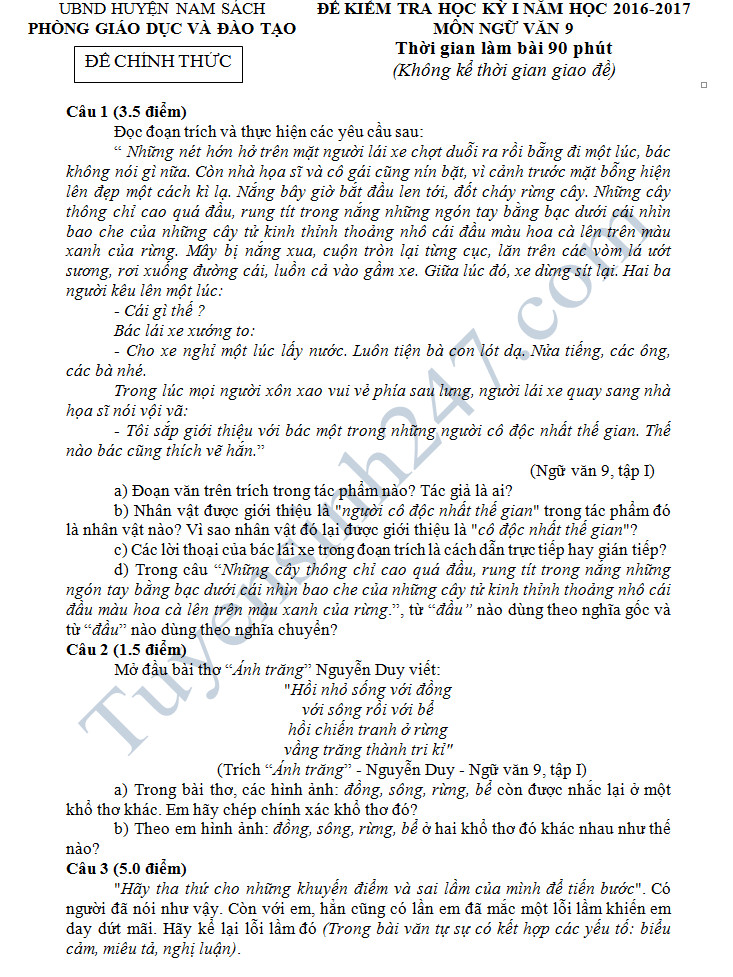 De thi hoc ki 1 lop 9 mon Van - Phong GD&DT Nam Sach nam 2016-2017