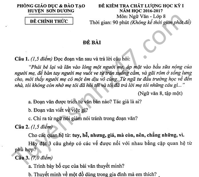 De thi hoc ki 1 mon Van 8 - Phong GD&DT Son Duong nam 2016-2017
