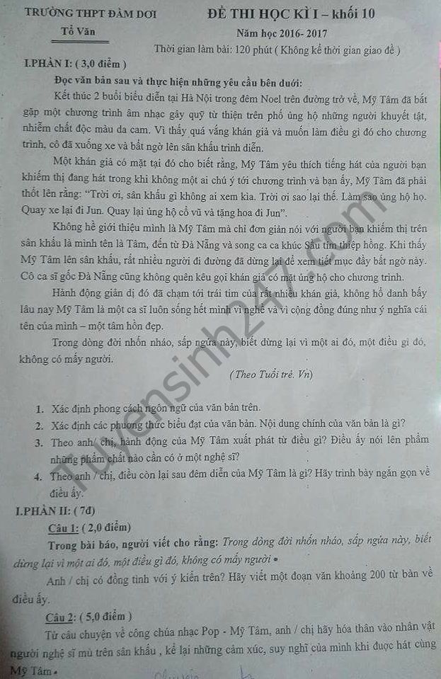 De thi hoc ki 1 lop 10 mon Van  - THPT Dam Doi 2016 - 2017