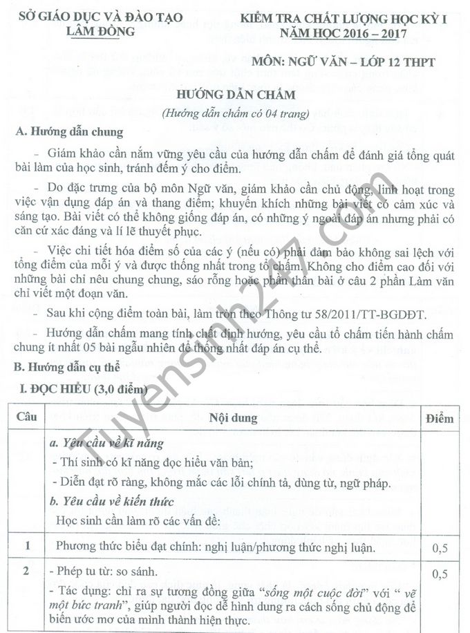 De thi hoc ki 1 lop 12 mon Van - So GD Lam Dong 2016 - 2017
