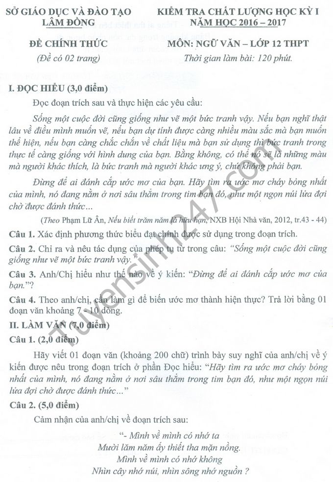 De thi hoc ki 1 lop 12 mon Van - So GD Lam Dong 2016 - 2017