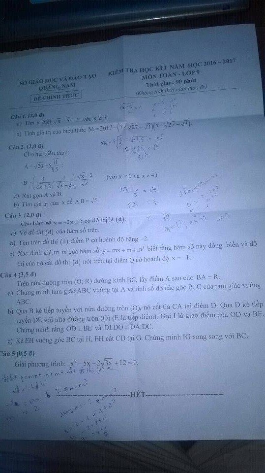De thi hoc ki 1 lop 9 mon Toan - So GD tinh Quang Nam 2016 -2017