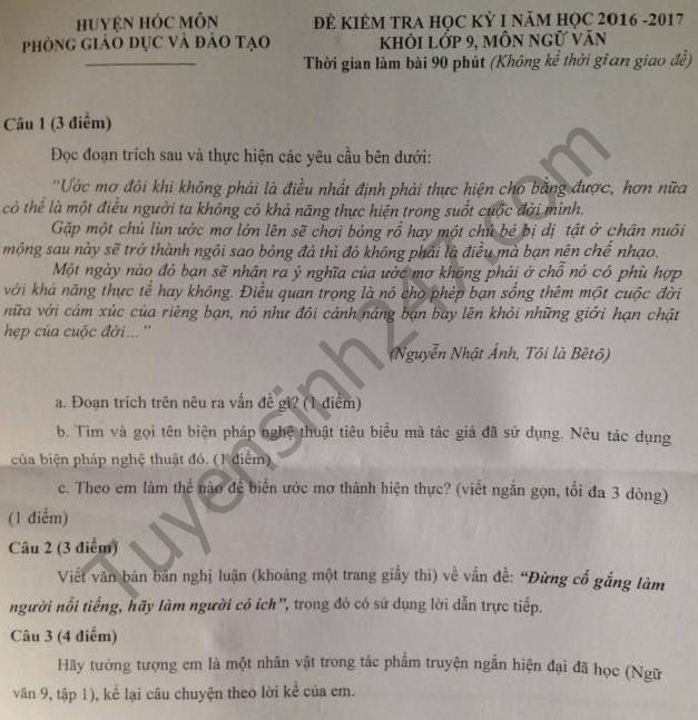 De thi hoc ki 1 lop 9 mon Van - Phong GD huyen Hoc Mon 2016 - 2017