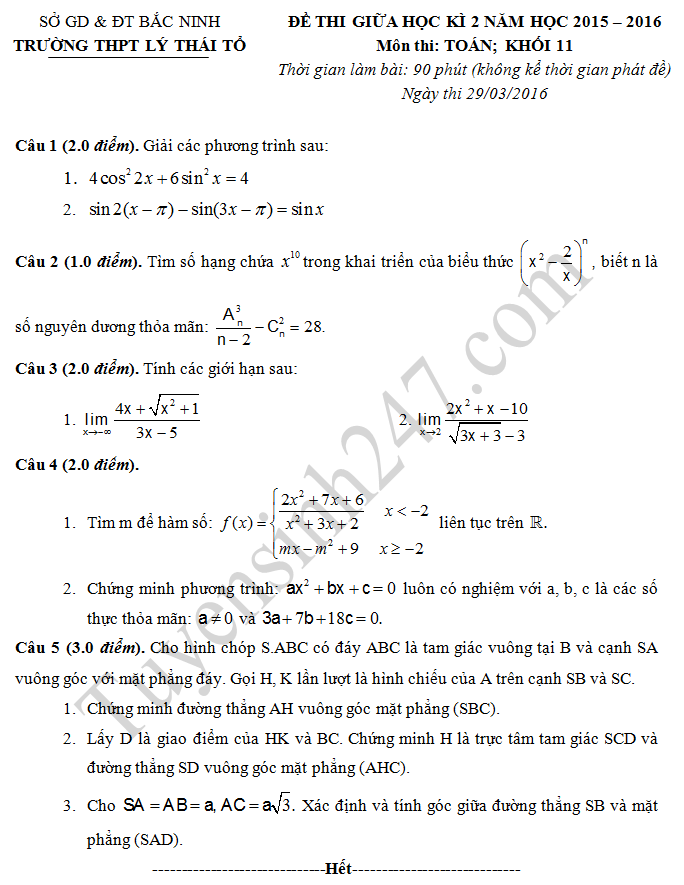 De thi giua hoc ki 2 lop 11 mon Toan – THPT Ly Thai To 2016