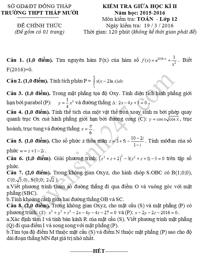 De thi giua ki 2 lop 12 mon Toan - THPT Thap Muoi 2016