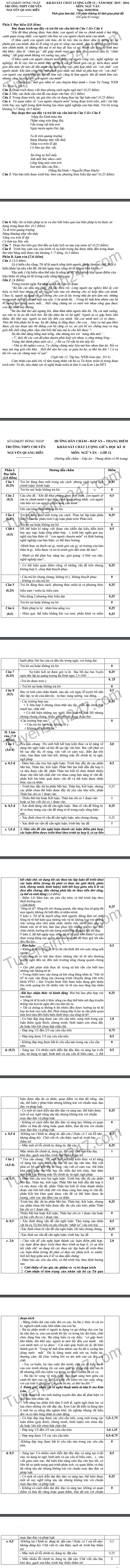 De thi giua hoc ki 2 lop 12 mon Van - THPT Chuyen Nguyen Quang Dieu 2016