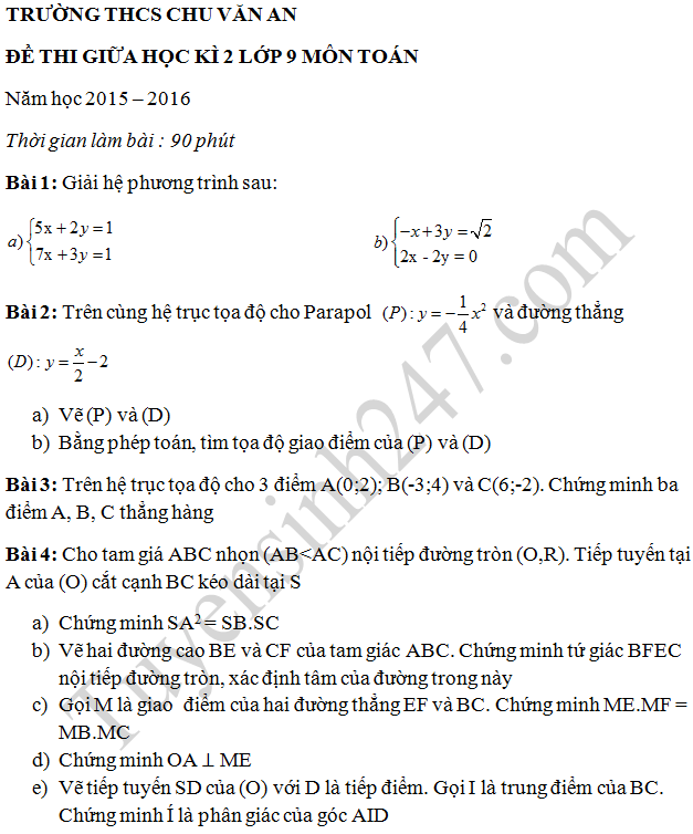 De thi giua hoc ki 2 lop 9 mon Toan - THCS Chu Van An 2016