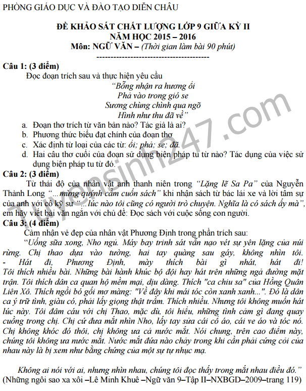 De thi giua hoc ki 2 lop 9 mon Van - Phong GD Dien Chau 2016