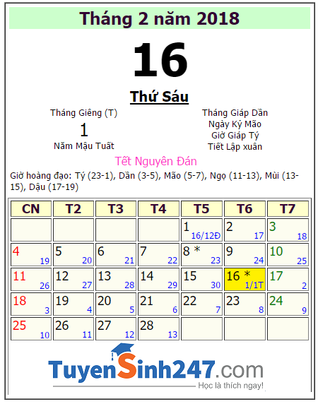 Tet 2018 vao ngay may duong lich?