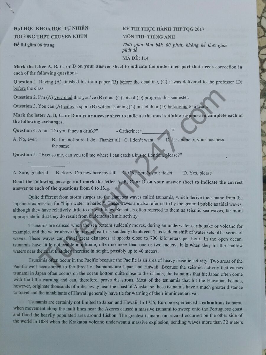 De thi thu THPT Quoc gia 2017 mon Anh - THPT Chuyen KHTN lan 3