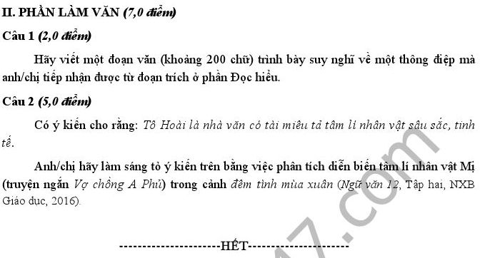 De thi giua hoc ki 2 lop 12 mon Van - So GDDT TP Can Tho 2017