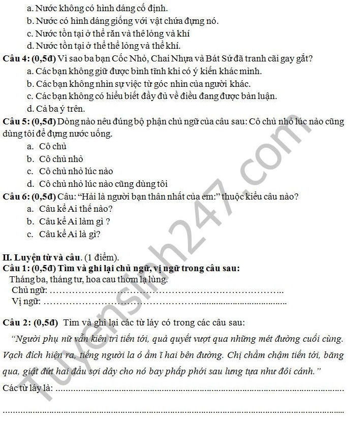 De thi giua hoc ki 2 lop 4 mon Tieng Viet - Tieu hoc xa Na U 2017