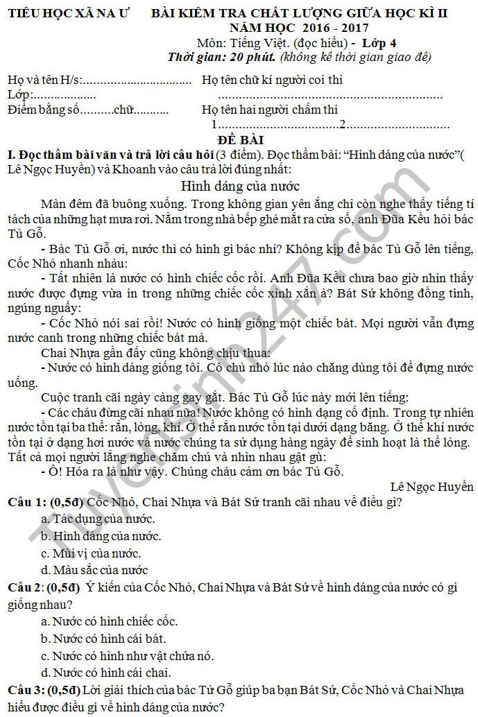 De thi giua hoc ki 2 lop 4 mon Tieng Viet - Tieu hoc xa Na U 2017