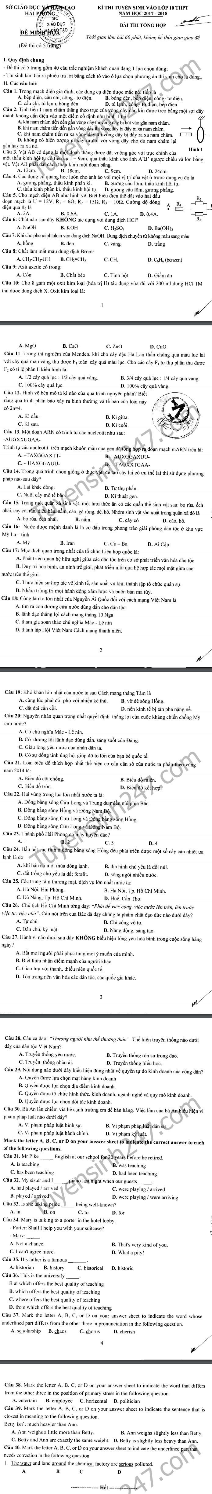 De thi minh hoa bai Tong hop vao lop 10 - TP Hai Phong 2017 -2018