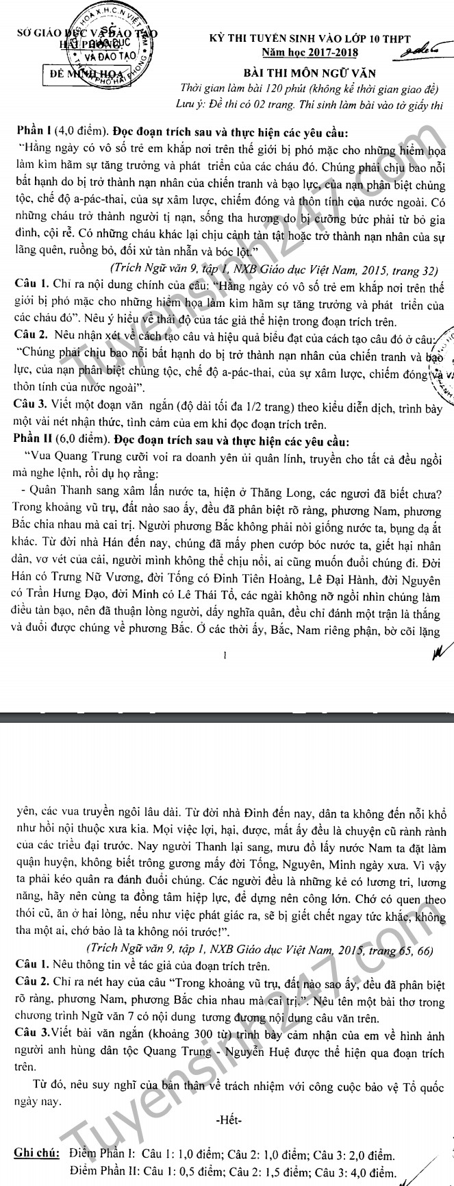 Cau truc va de thi minh hoa vao lop 10 - TP Hai Phong nam hoc 2017 - 2018