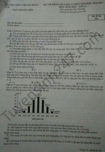 De thi thu THPT Quoc gia 2017 mon Sinh - THPT Chuyen Hung Yen