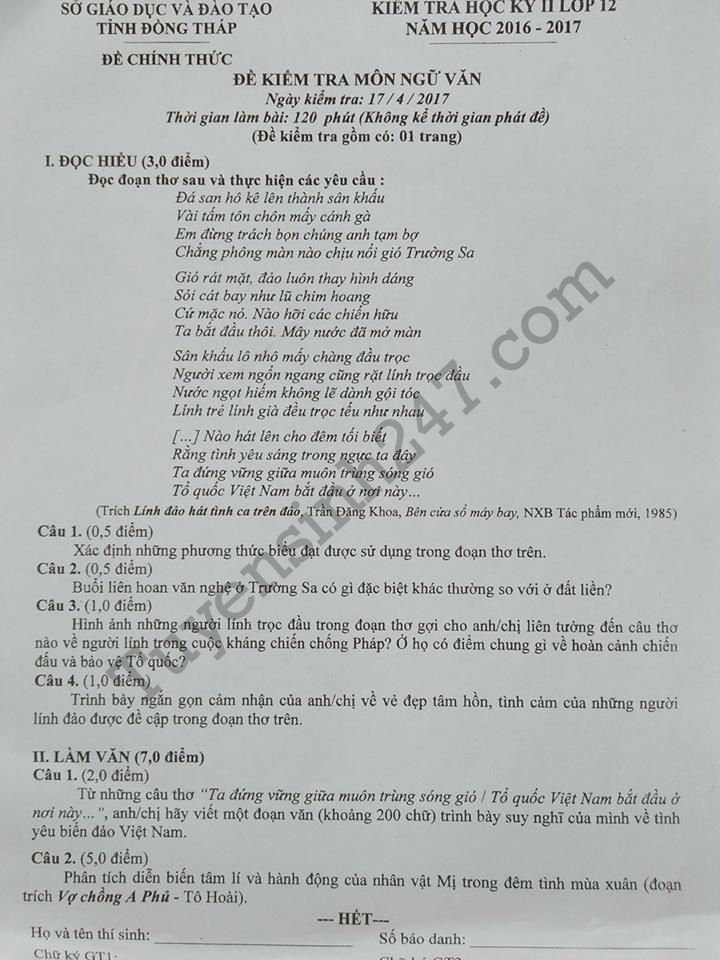 De thi hoc ki 2 lop 12 mon Van 2017 - So GD Dong Thap