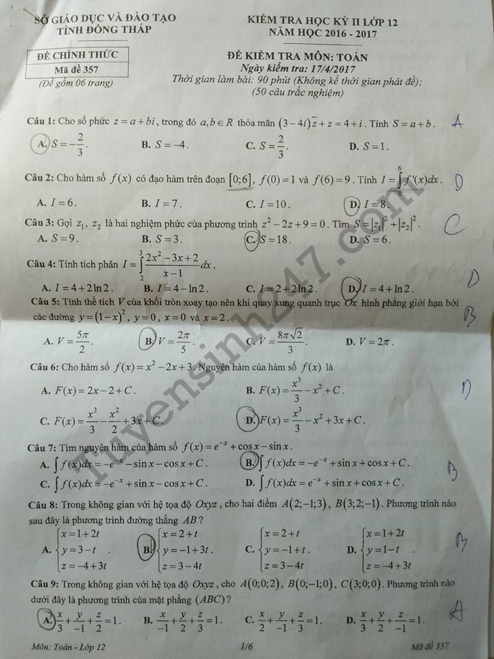 De thi hoc ki 2 lop 12 mon Toan - So GD Dong Thap 2017