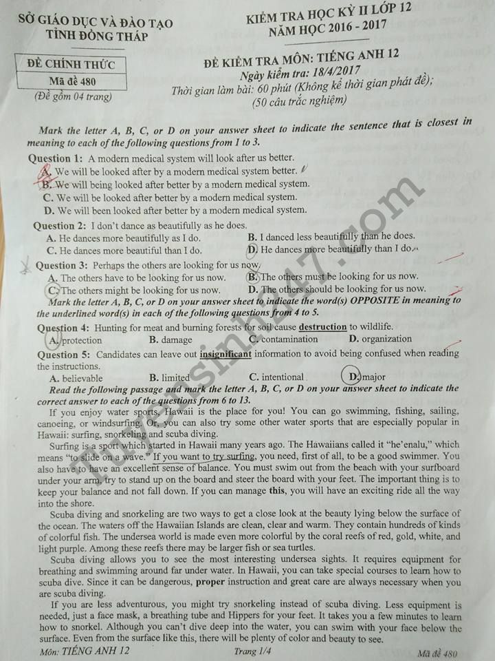 De thi hoc ki 2 lop 12 mon tieng Anh - So GD Dong Thap 2017