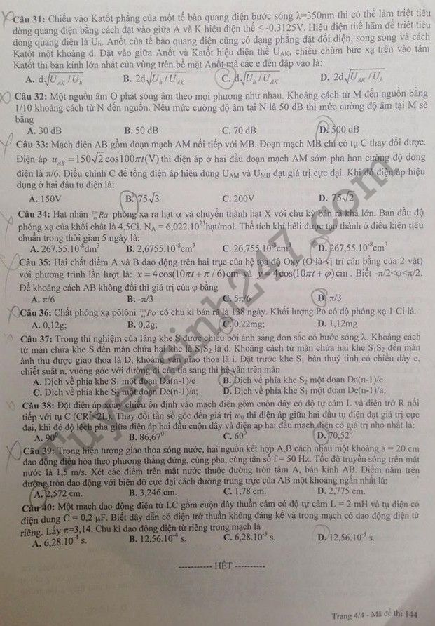 De thi thu THPT Quoc gia mon Ly 2017 - Chuyen Su pham lan 4