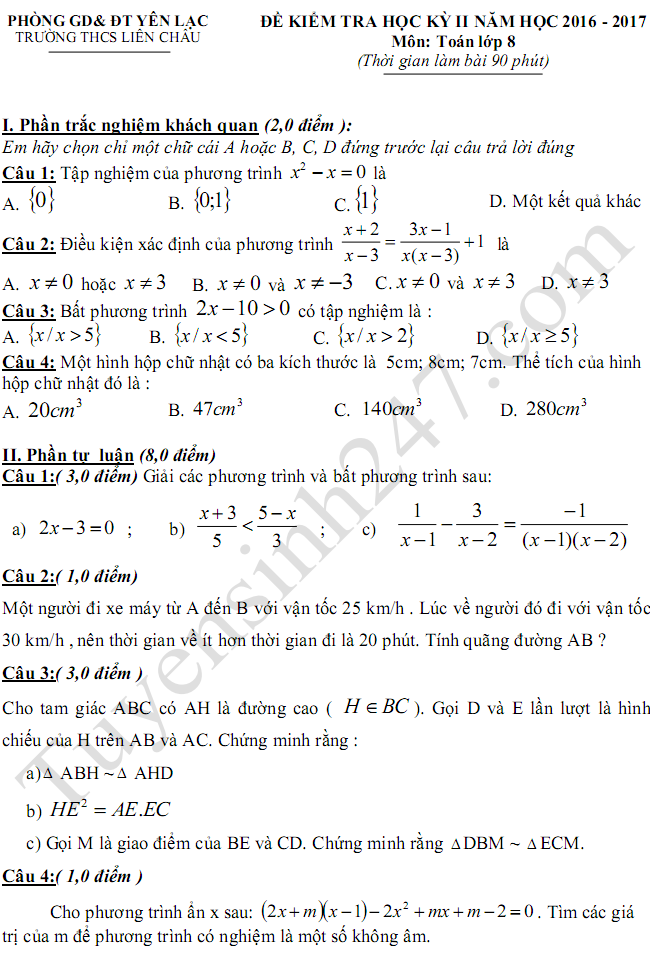 De thi hoc ki 2 lop 8 mon Toan 2017 - THCS Lien Chau