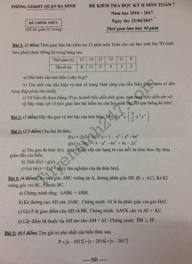 De thi hoc ki 2 lop 7 mon Toan - Quan Ba Dinh 2017