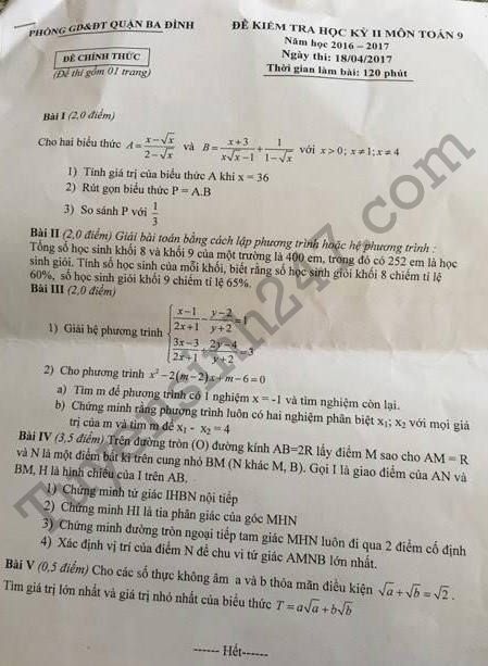 De thi hoc ki 2 lop 9 mon Toan 2017 - Quan Ba Dinh