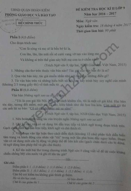 De thi hoc ki 2 lop 9 mon Van – Quan Hoan Kiem 2017