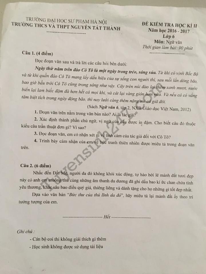 De thi hoc ki 2 lop 6 mon Van – Nguyen Tat Thanh 2017
