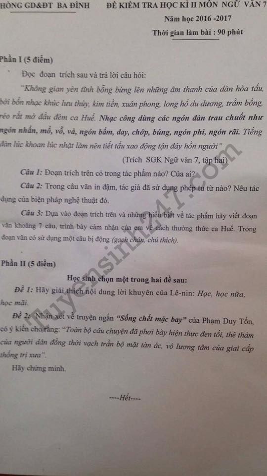 De thi hoc ki 2 lop 7 mon Van 2017 – Ba Dinh